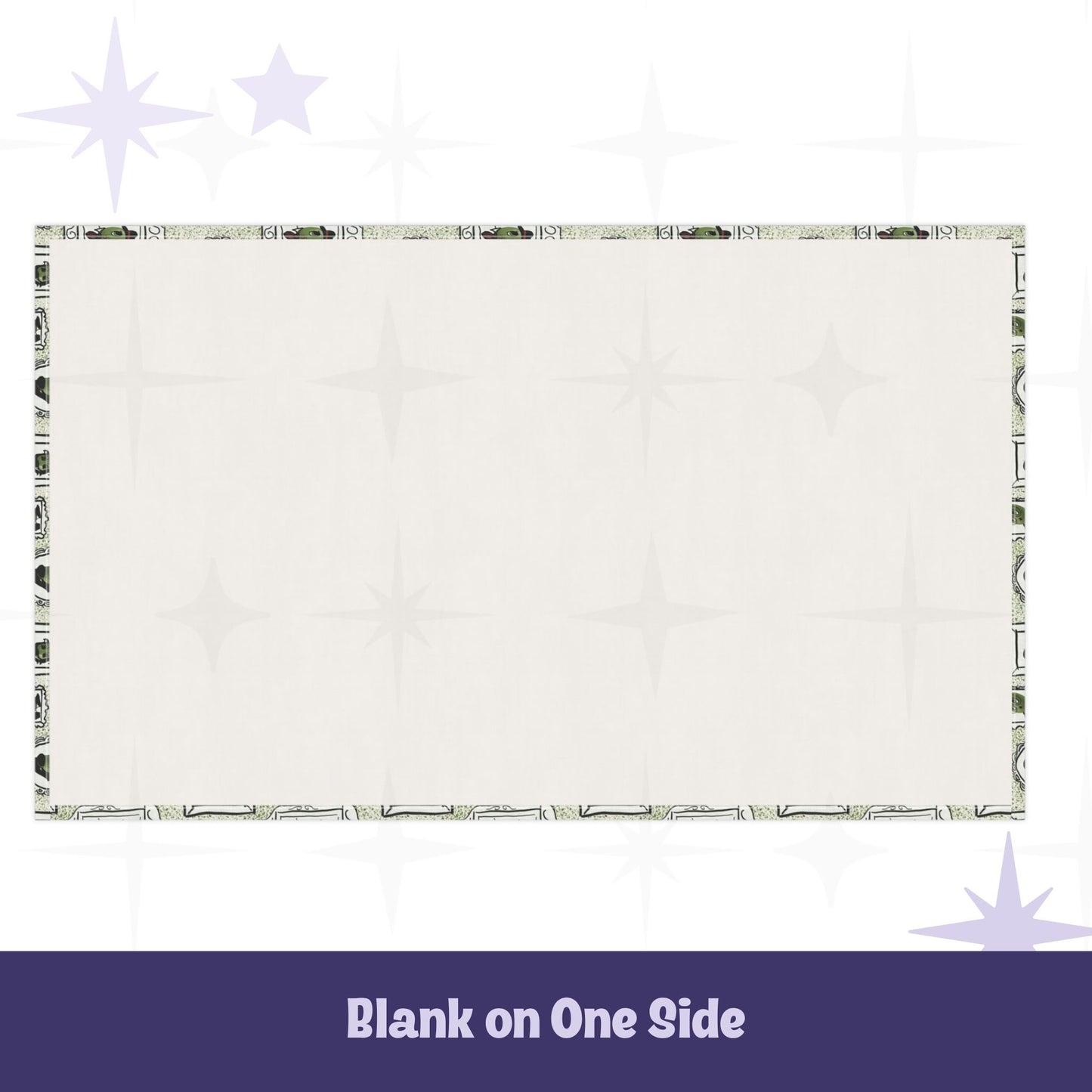 Reverse side of retro olive tea towel showing plain cream cotton twill with printed border edge detail