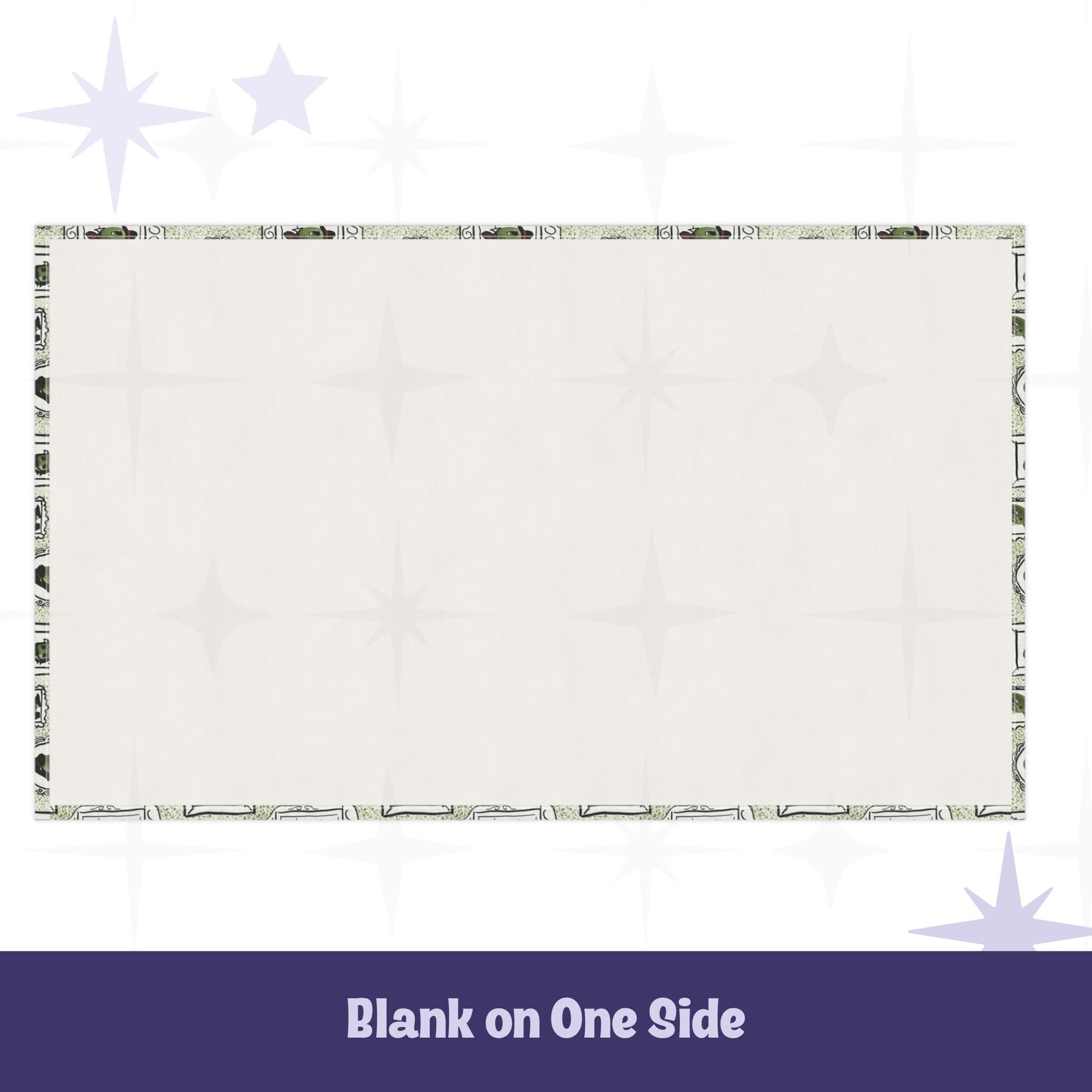 Reverse side of retro olive tea towel showing plain cream cotton twill with printed border edge detail