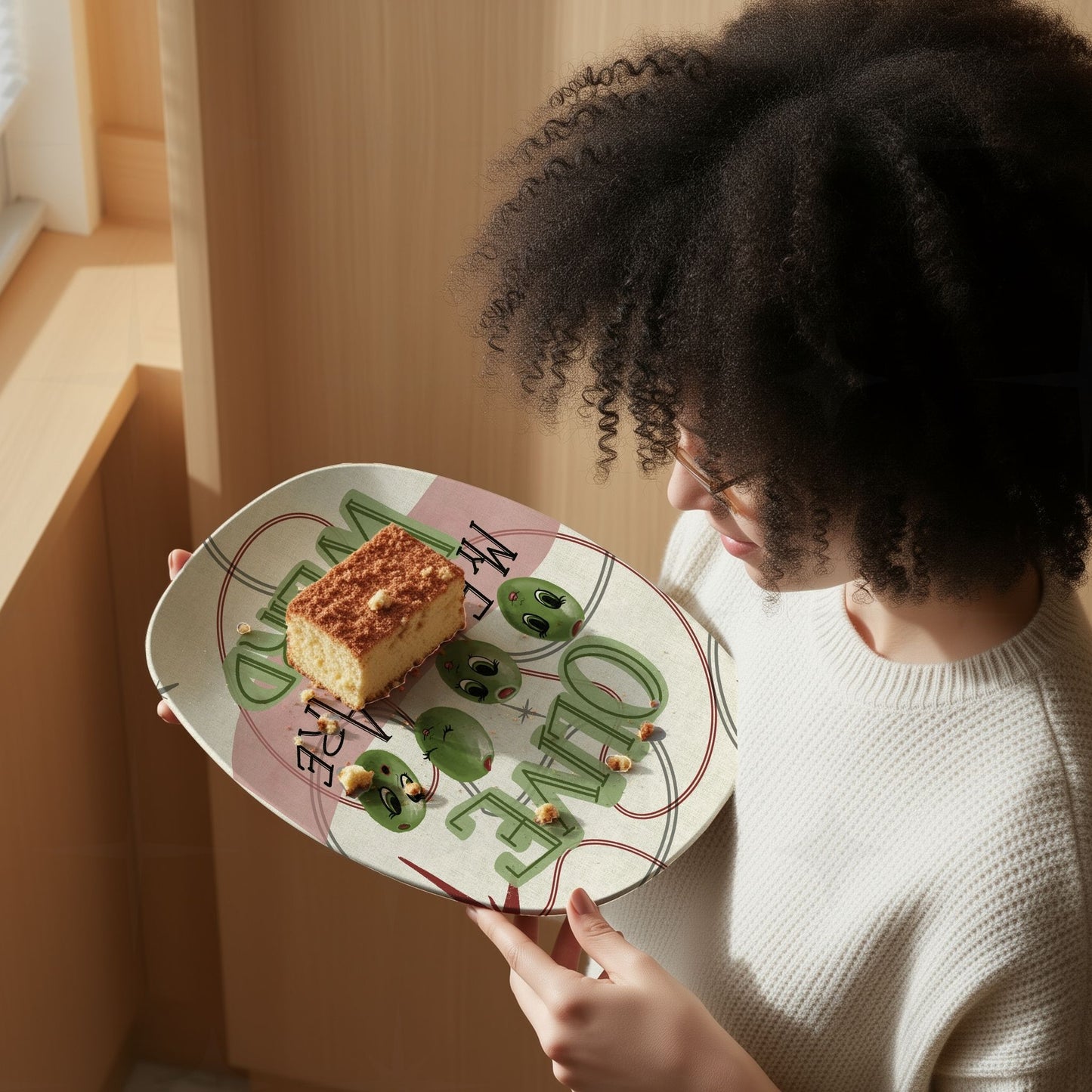 Person with natural hair holding retro olive pun serving platter with a slice of cake, photographed from above at an angle, showing mid-century olive characters and partial hand-lettered design