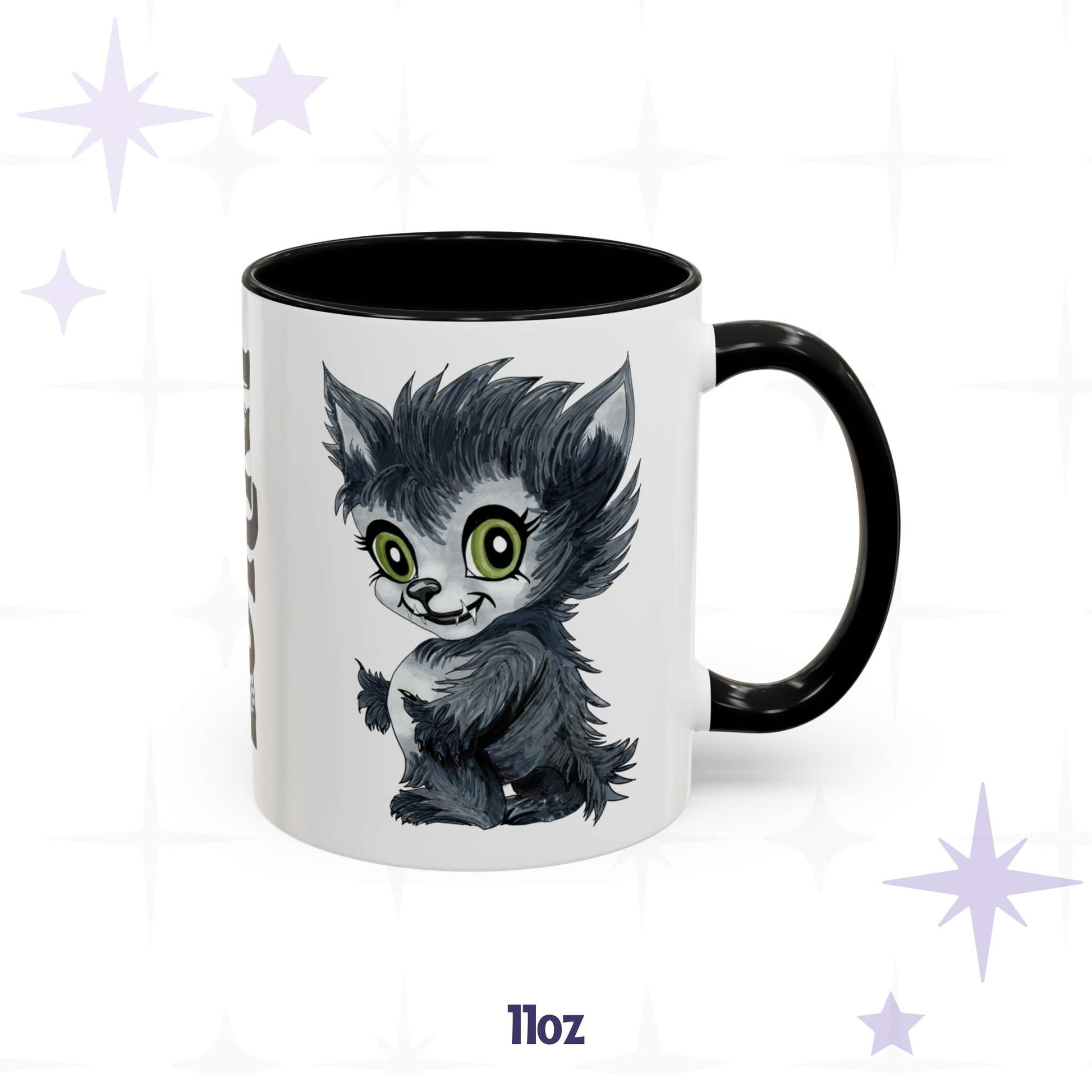 Chibi werewolf coffee mug in 11 oz, black-handled accent mug with fuzzy monster art