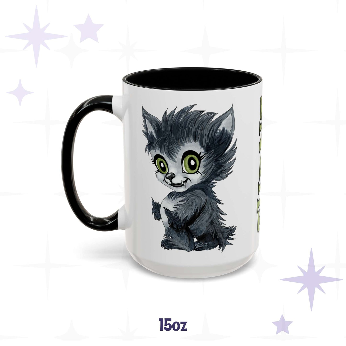 Cute werewolf monster mug in 15 oz, white with black accent handle and rim