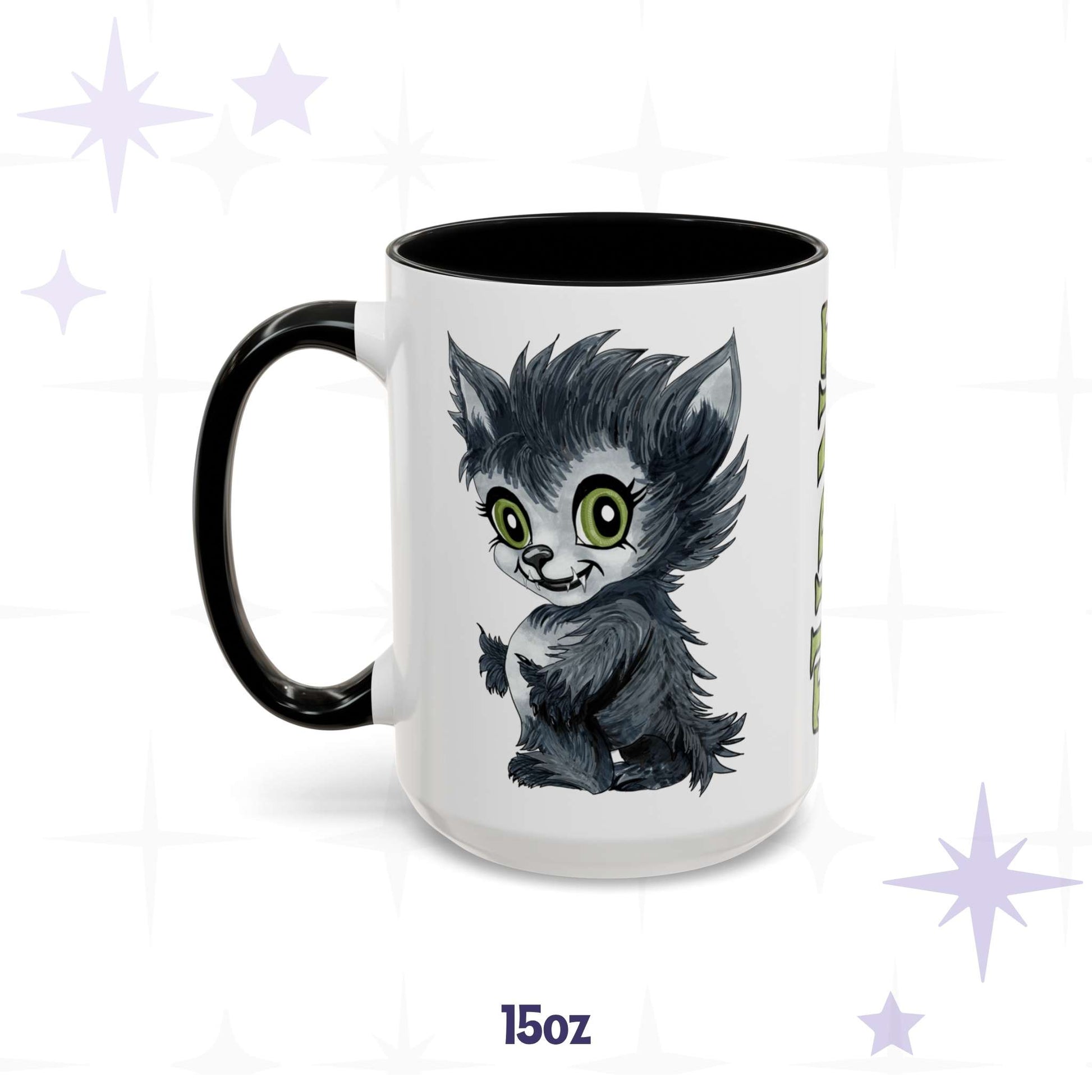 Cute werewolf monster mug in 15 oz, white with black accent handle and rim