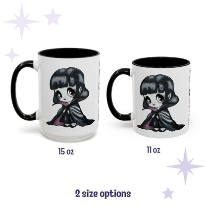 Chibi werewolf goth mug shown in 15 oz and 11 oz, white ceramic with black interior and handle