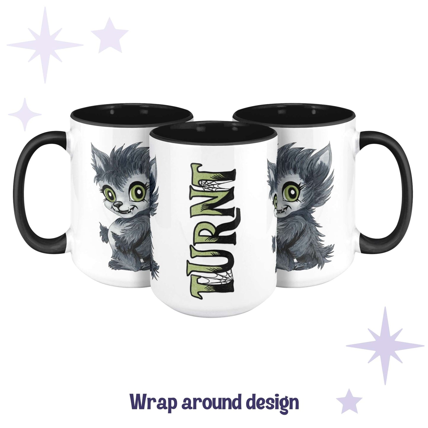 Chibi werewolf monster mug shown across three angles as a wrap-around design with TURNT in acid-green lettering