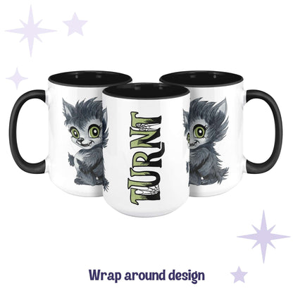 Chibi werewolf monster mug shown across three angles as a wrap-around design with TURNT in acid-green lettering