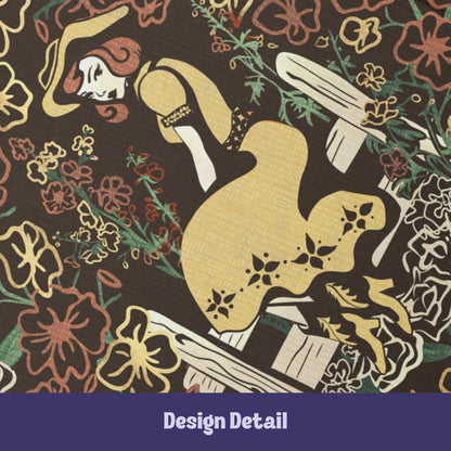 Close-up detail of retro cowgirl pinup illustration in golden dress and cowboy hat seated on white fence surrounded by maximalist wildflower pattern