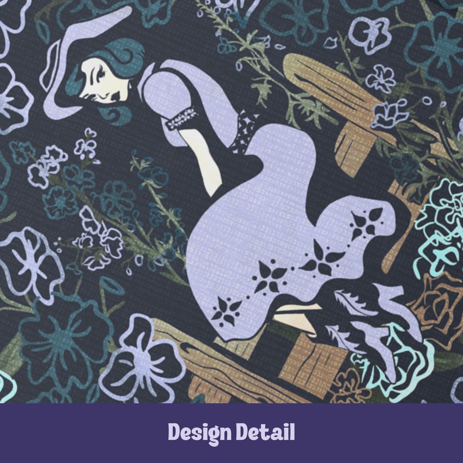 Close-up detail of retro cowgirl pinup illustration in soft lilac on back cover of dark floral journal, woman in cowboy hat and boots seated on wooden fence surrounded by gothic botanicals