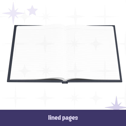 Sweary dark floral journal open to lined interior pages showing white perforated lined paper