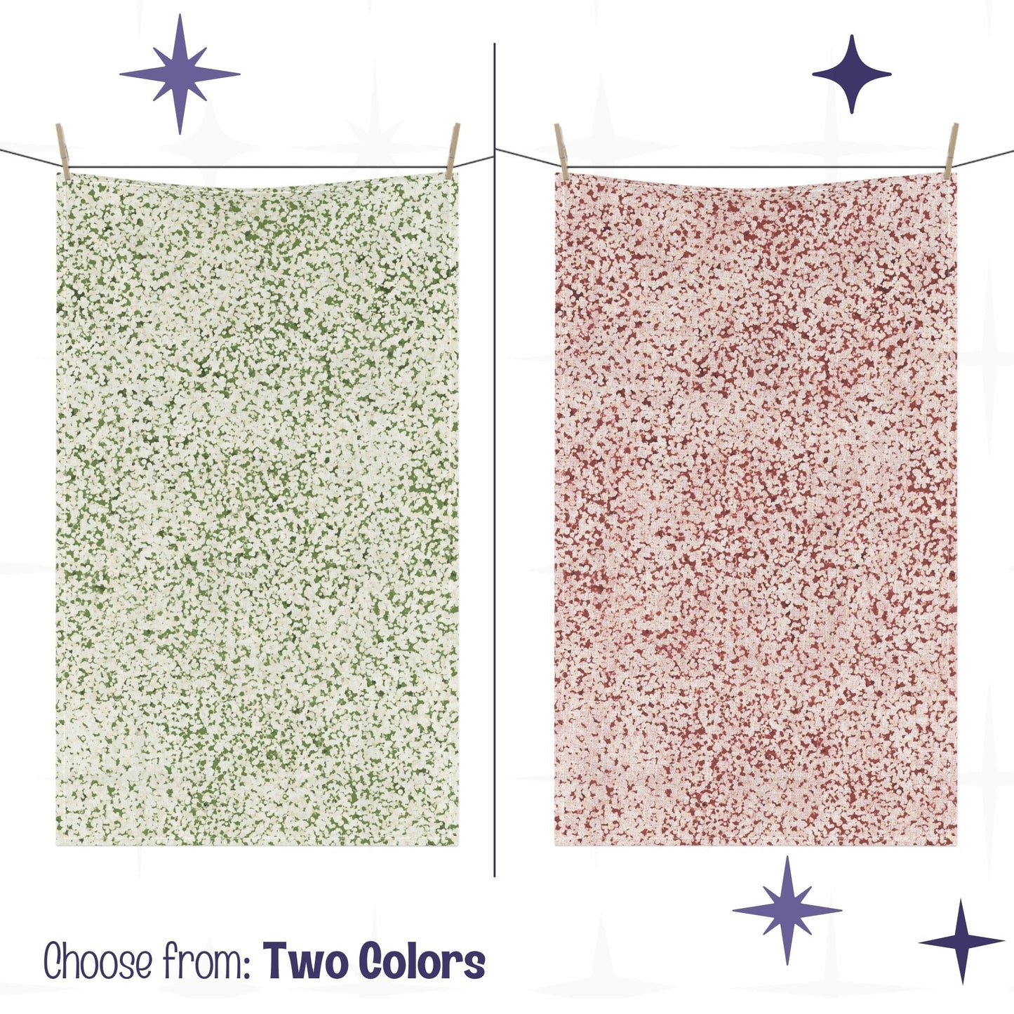 Two terrazzo print tea towels hanging on closeline  showing terracotta red and sage green colorways side by side with mid century modern starburst graphic elements