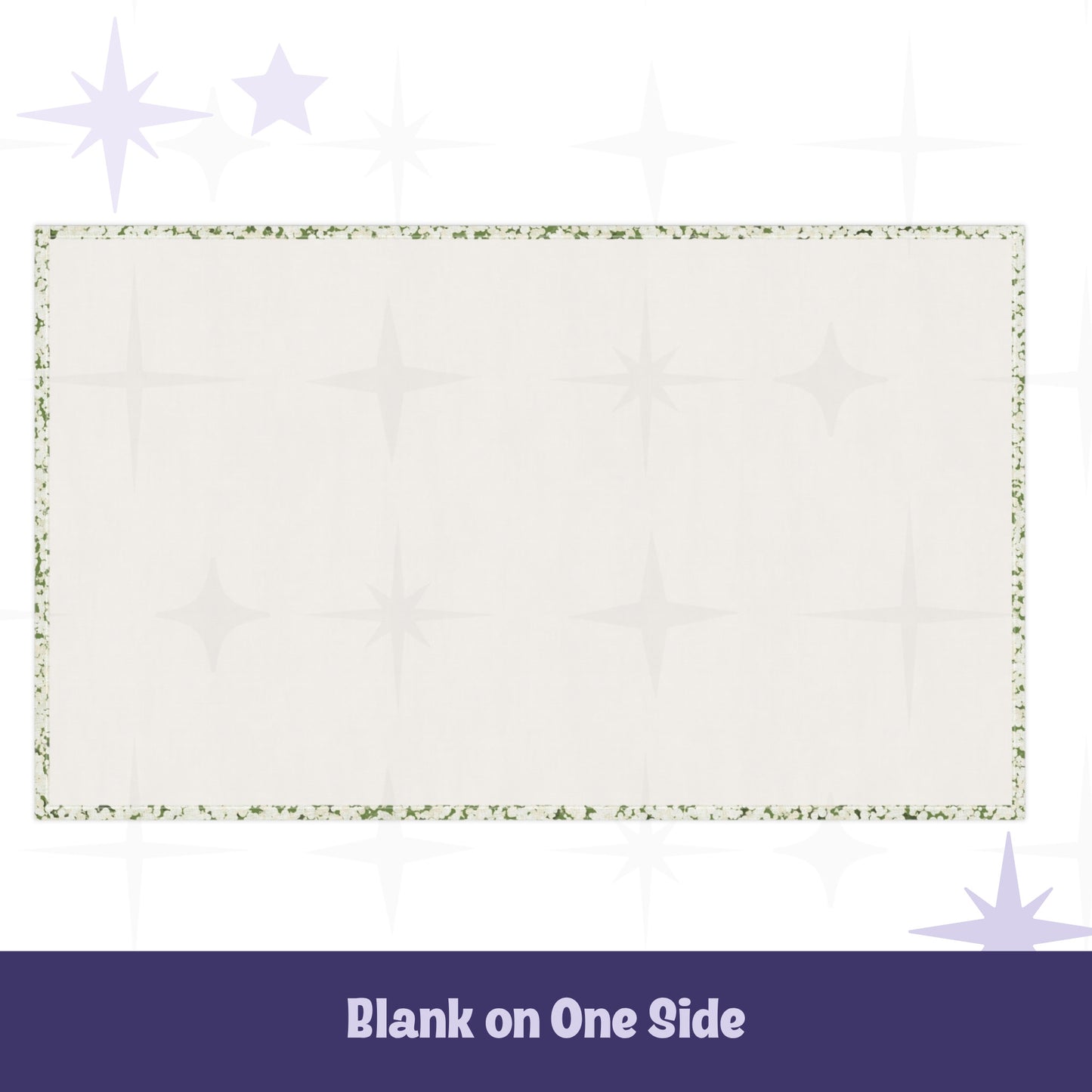 Reverse side of sage green terrazzo tea towel showing clean cream cotton twill with narrow printed border edge and faint starburst background pattern