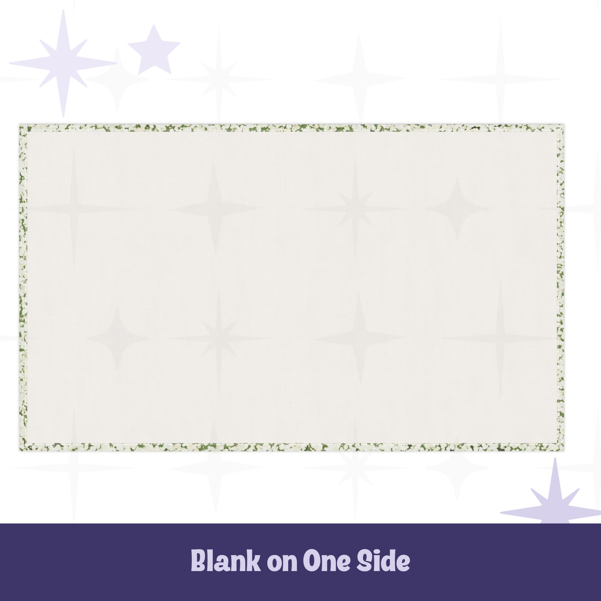 Reverse side of sage green terrazzo tea towel showing clean cream cotton twill with narrow printed border edge and faint starburst background pattern