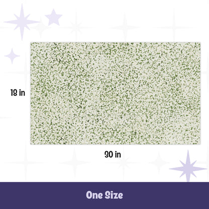 Sage green terrazzo pattern tea towel laid flat showing full 18 by 30 inch dimensions with measurement callouts on white background