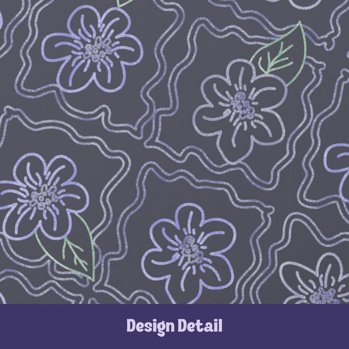Design detail of dark floral journal pattern showing hand-drawn periwinkle five-petal flowers with sage green leaves and wavy quatrefoil outlines on charcoal background