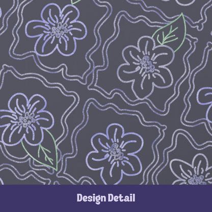 Design detail of dark floral journal pattern showing hand-drawn periwinkle five-petal flowers with sage green leaves and wavy quatrefoil outlines on charcoal background