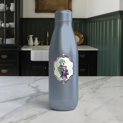 Victorian skeleton mother and baby art on a slate blue insulated water bottle in a dark green kitchen