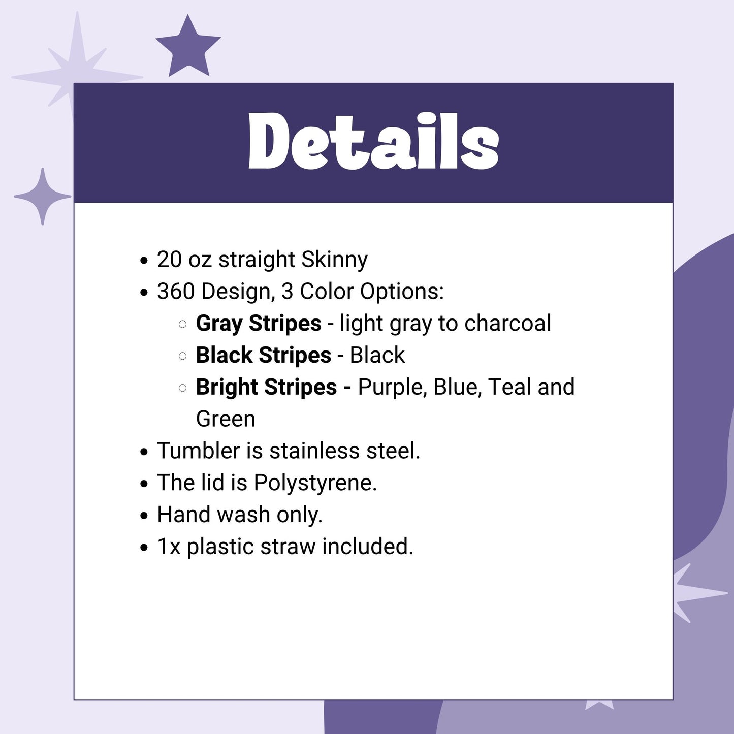 Product specs graphic for the What The Actual Fuck 20oz skinny tumbler showing dimensions, stainless steel construction, hot/cold retention, and lid/straw details
