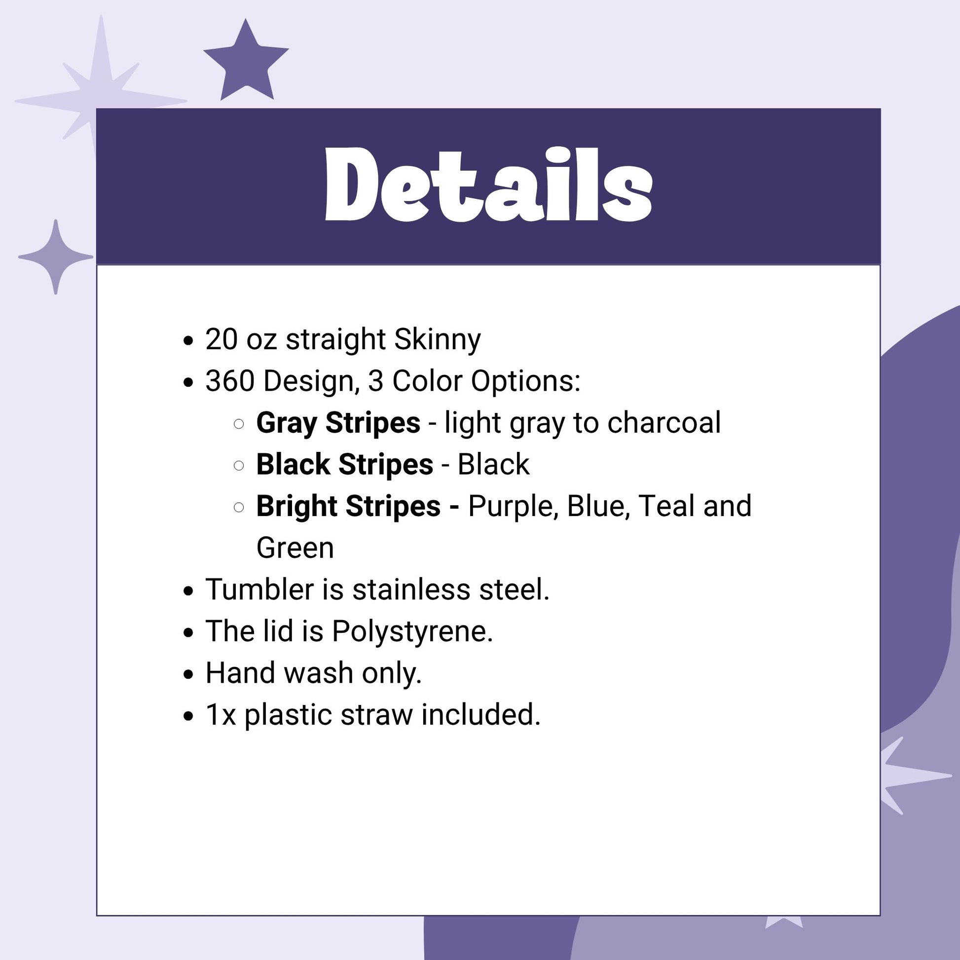 Product specs graphic for the What The Actual Fuck 20oz skinny tumbler showing dimensions, stainless steel construction, hot/cold retention, and lid/straw details