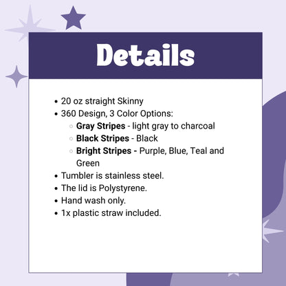 Product specs graphic for the What The Actual Fuck 20oz skinny tumbler showing dimensions, stainless steel construction, hot/cold retention, and lid/straw details