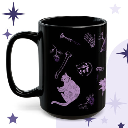 Witchcore mug in black ceramic with lilac engraving-style illustration of a black cat, loose bones, a skull, and a rose