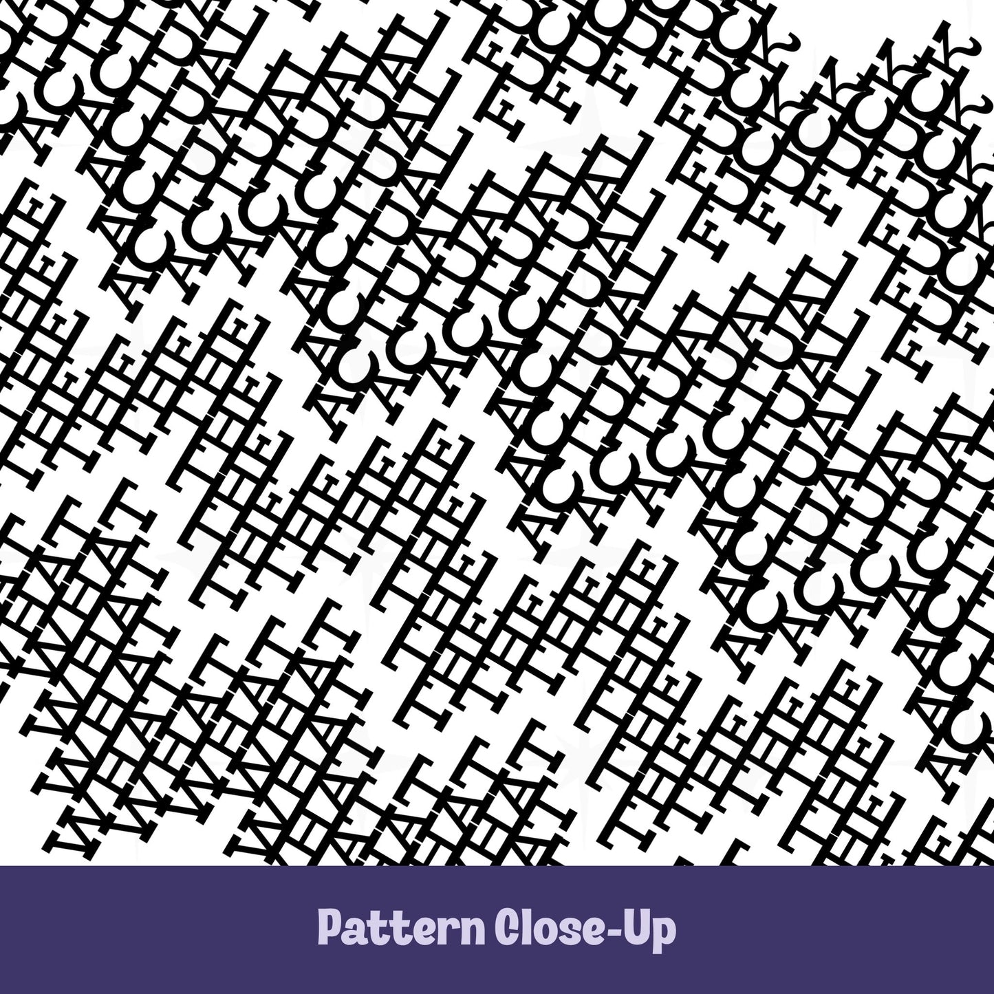 Close-up of the black typographic pattern on the What The Actual Fuck tumbler showing dense overlapping letterforms in mixed serif typefaces