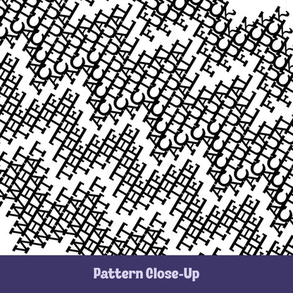 Close-up of the black typographic pattern on the What The Actual Fuck tumbler showing dense overlapping letterforms in mixed serif typefaces