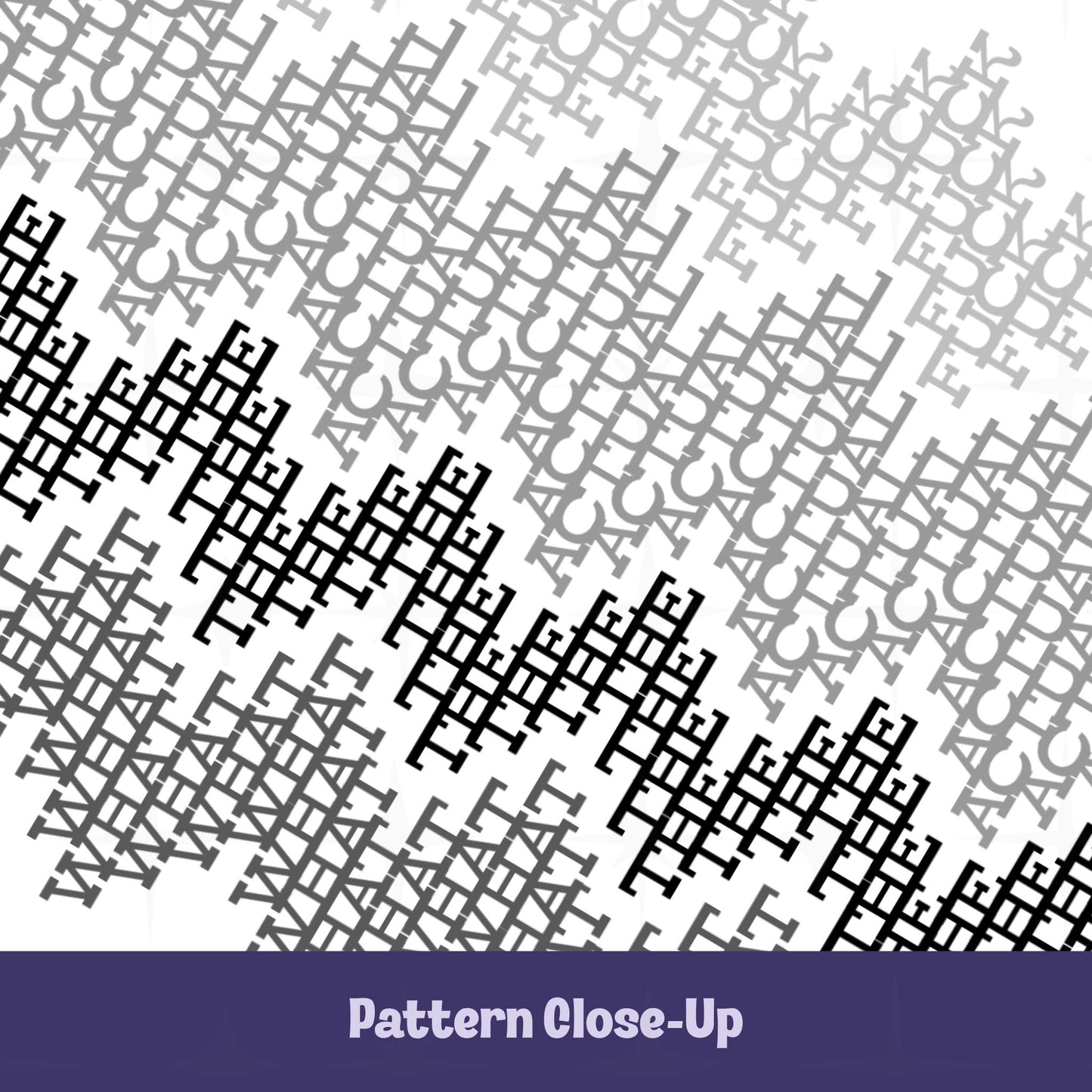 Close-up of the gray and black typographic pattern on the WTAF hidden message tumbler showing the layered word-band design