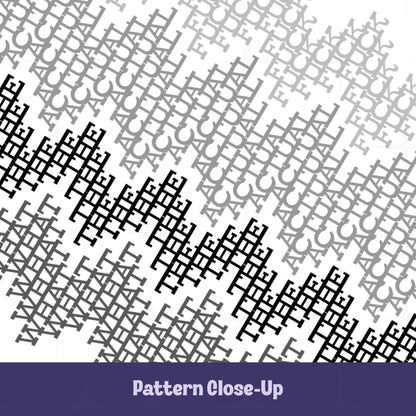 Close-up of the gray and black typographic pattern on the WTAF hidden message tumbler showing the layered word-band design